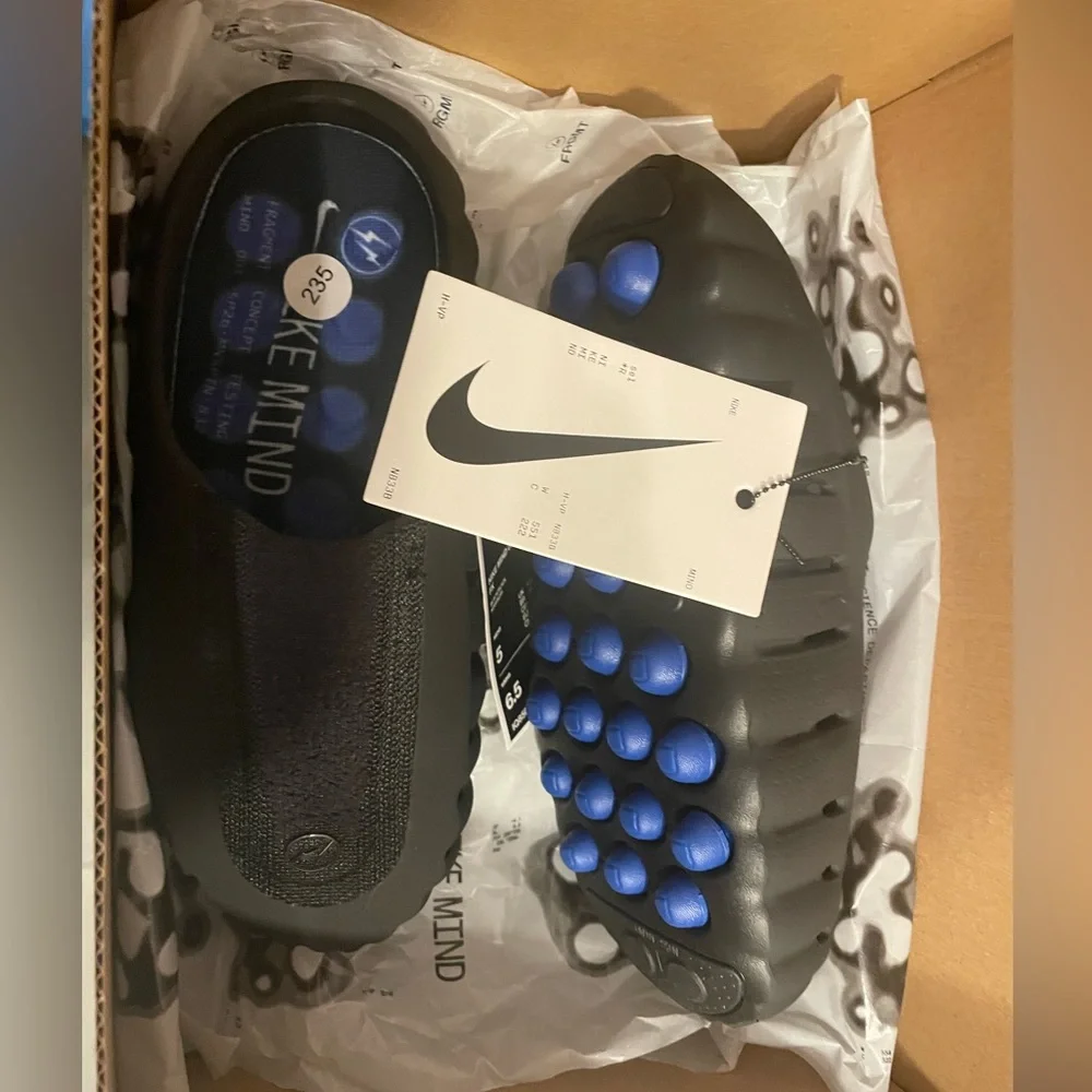 Nike Minds 001 x Fragment, BRAND NEW TAGS ON, Black clog/ slides with blue sole.